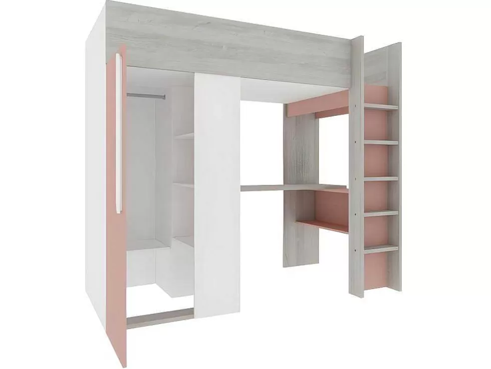 Vente-unique Cama Alta De 90 X 200 Cm Com Guarda-Roupa E Secretária Cor-De-Rosa E Branco - Nicolas* Cama Alta