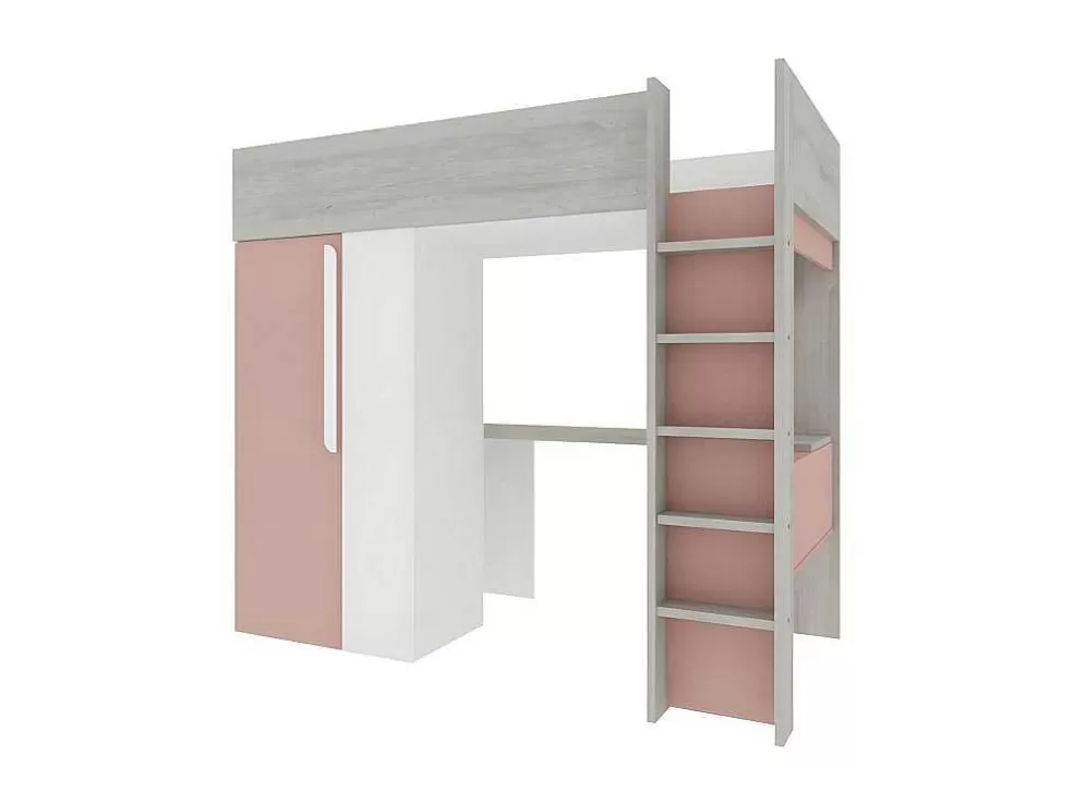 Vente-unique Cama Alta De 90 X 200 Cm Com Guarda-Roupa E Secretária Cor-De-Rosa E Branco - Nicolas* Cama Alta