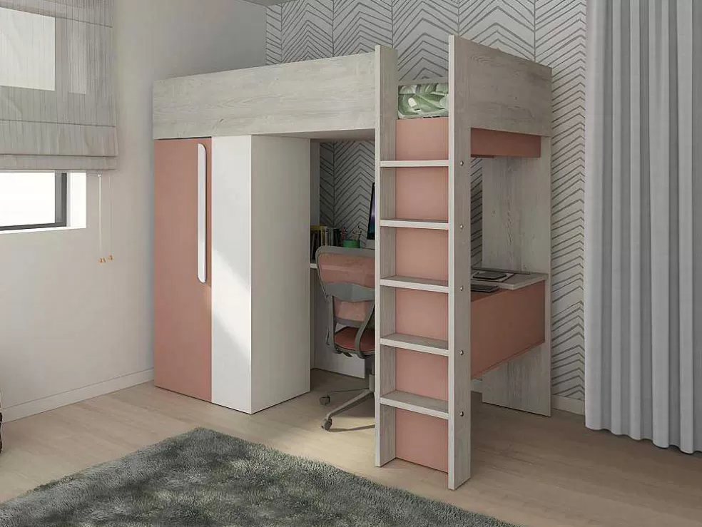 Vente-unique Cama Alta De 90 X 200 Cm Com Guarda-Roupa E Secretária Cor-De-Rosa E Branco - Nicolas* Cama Alta