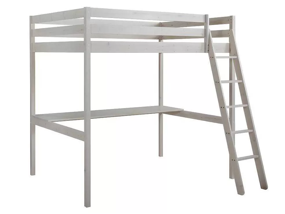 Vente-unique Cama Alta De 140 X 190 Cm Com Secretária Em Pinho Macico Esbranquicado + Colchão - Gedeon Ii* Cama Alta