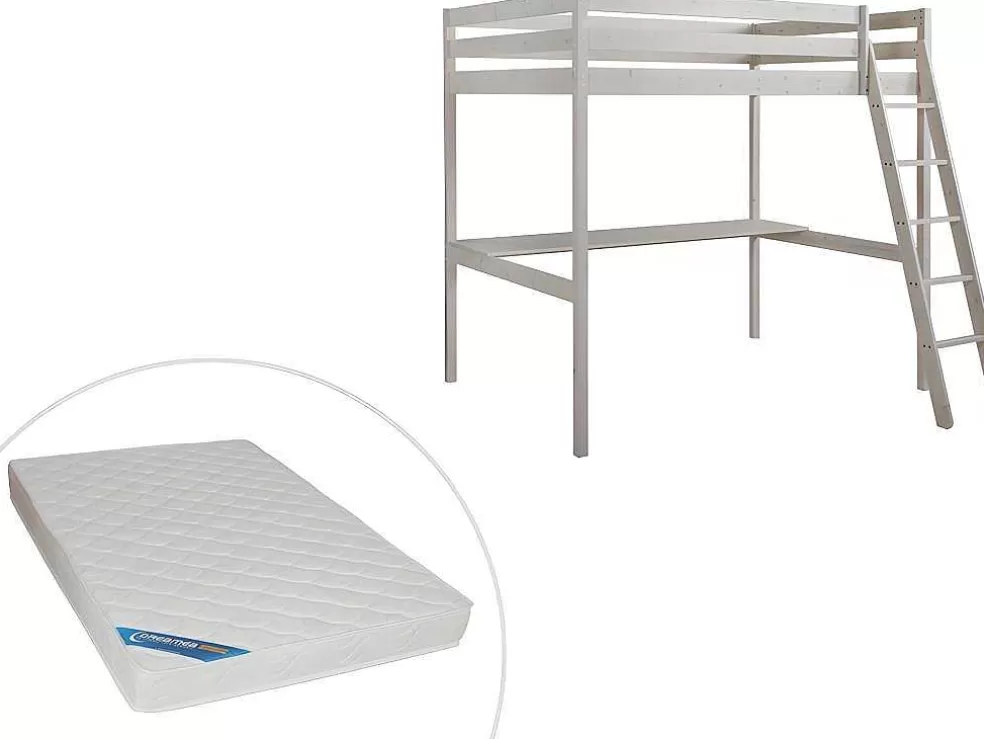 Vente-unique Cama Alta De 140 X 190 Cm Com Secretária Em Pinho Macico Esbranquicado + Colchão - Gedeon Ii* Cama Alta