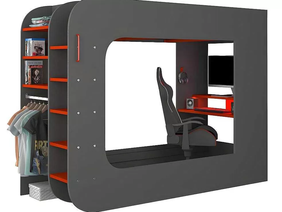 Vente-unique Cama Alta Gamer 90 X 200 Cm Com Secretária, Espacos De Arrumação E Leds Cor Antracite E Vermelho + Colchão - Warrior* Cama Alta