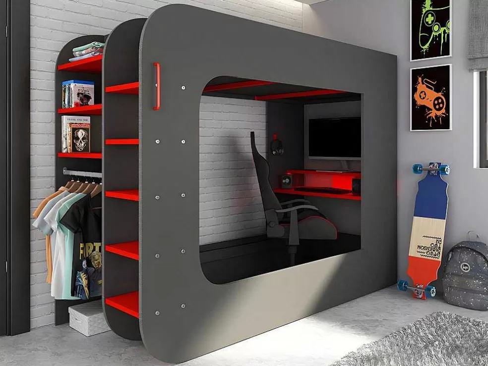 Vente-unique Cama Alta Gamer 90 X 200 Cm Com Secretária, Espacos De Arrumação E Leds Cor Antracite E Vermelho + Colchão - Warrior* Cama Alta