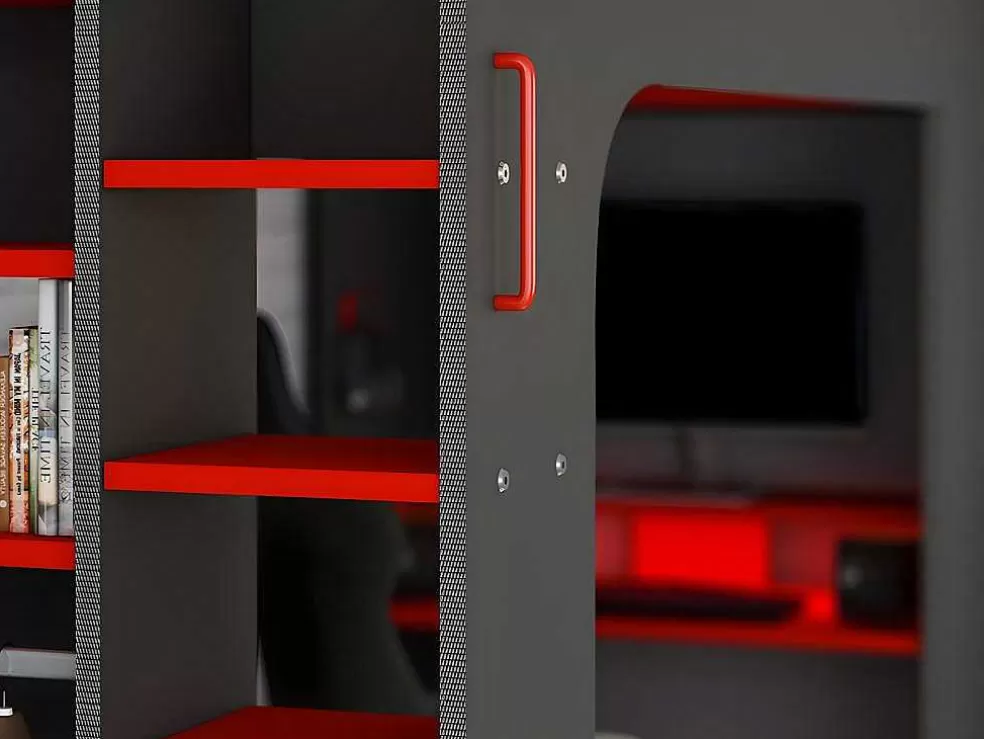 Vente-unique Cama Alta Gamer 90 X 200 Cm Com Secretária, Espacos De Arrumação E Leds Cor Antracite E Vermelho + Colchão - Warrior* Cama Alta