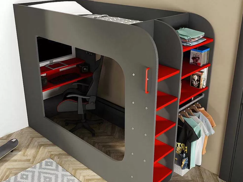 Vente-unique Cama Alta Gamer 90 X 200 Cm Com Secretária, Espacos De Arrumação E Leds Cor Antracite E Vermelho + Colchão - Warrior* Cama Alta