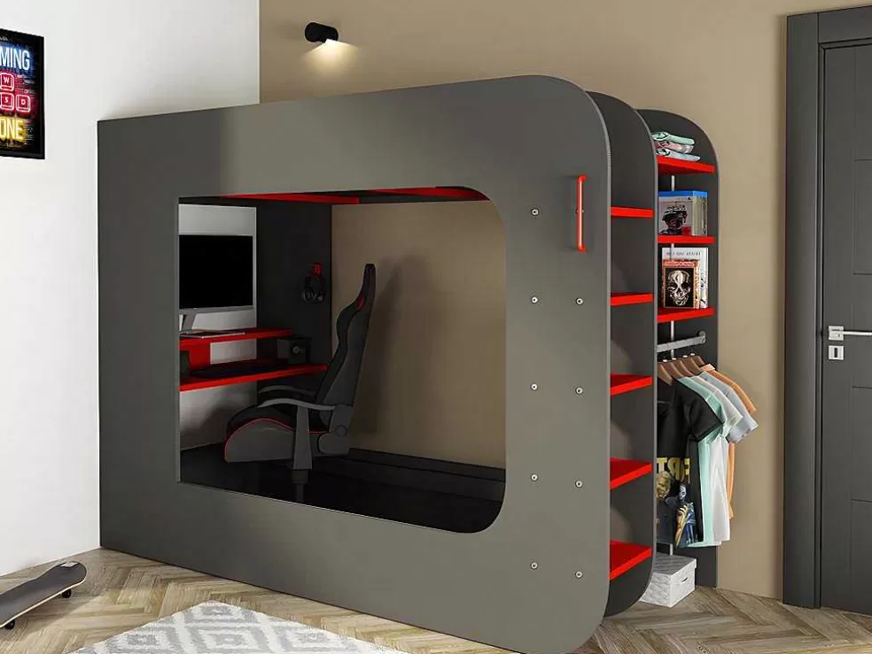 Vente-unique Cama Alta Gamer 90 X 200 Cm Com Secretária, Espacos De Arrumação E Leds Cor Antracite E Vermelho + Colchão - Warrior* Cama Alta
