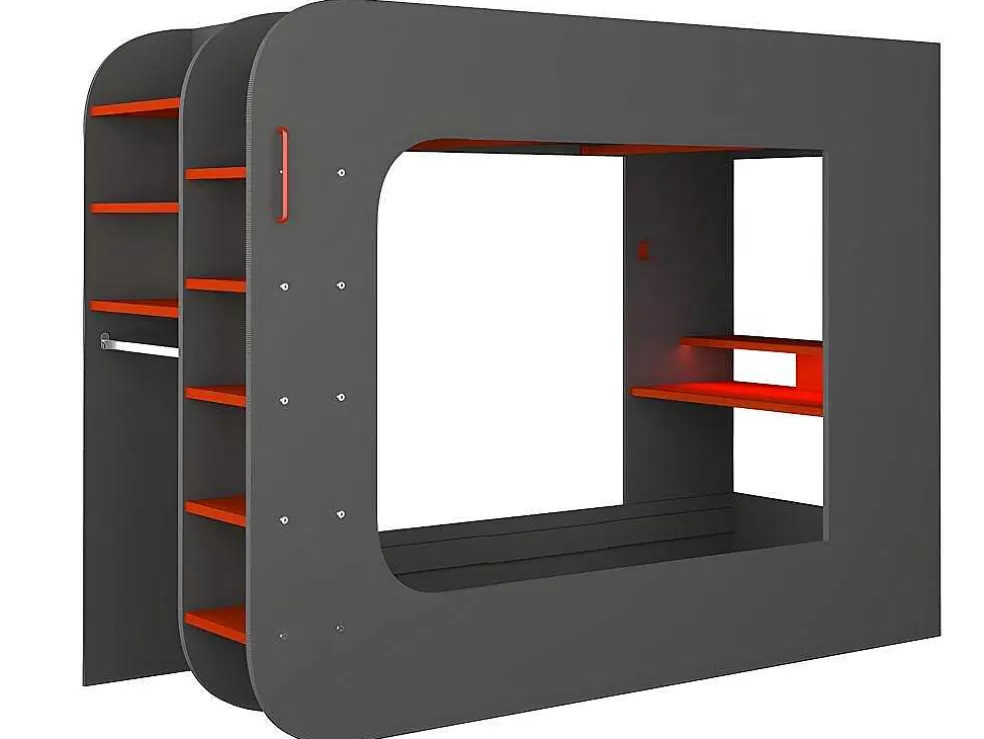 Vente-unique Cama Alta Gamer 90 X 200 Cm Com Secretária, Espacos De Arrumação E Leds Cor Antracite E Vermelho + Colchão - Warrior* Cama Alta