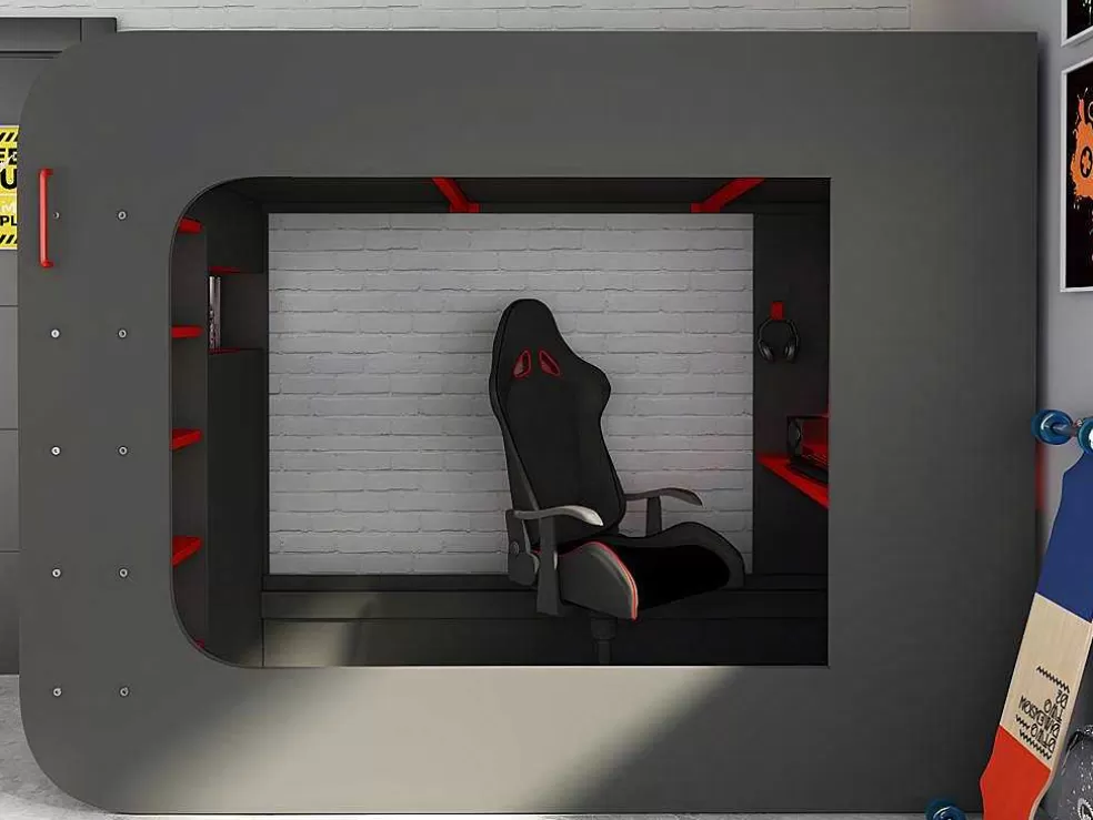 Vente-unique Cama Alta Gamer 90 X 200 Cm Com Secretária, Espacos De Arrumação E Leds Cor Antracite E Vermelho + Colchão - Warrior* Cama Alta