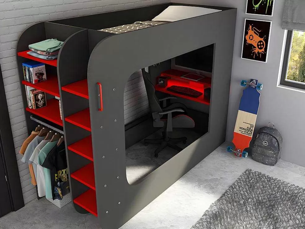 Vente-unique Cama Alta Gamer 90 X 200 Cm Com Secretária, Espacos De Arrumação E Leds Cor Antracite E Vermelho + Colchão - Warrior* Cama Alta