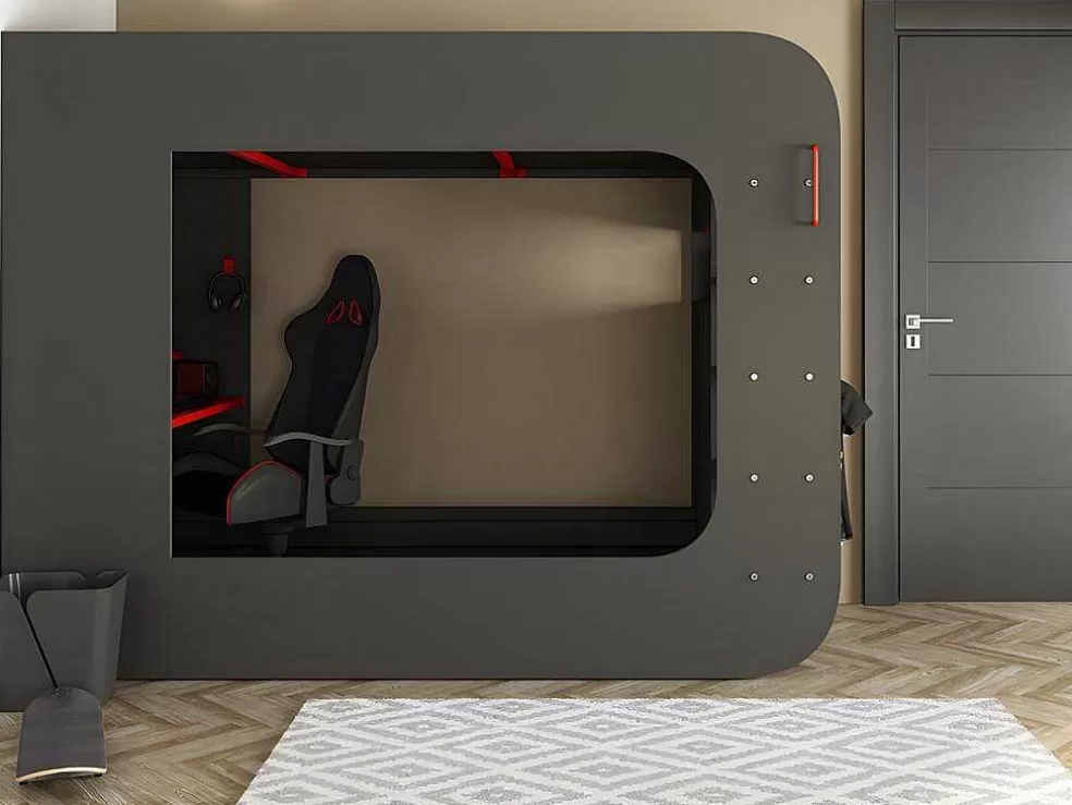 Vente-unique Cama Alta Gamer 90 X 200 Cm Com Secretária, Espacos De Arrumação E Leds Cor Antracite E Vermelho + Colchão - Warrior* Cama Alta