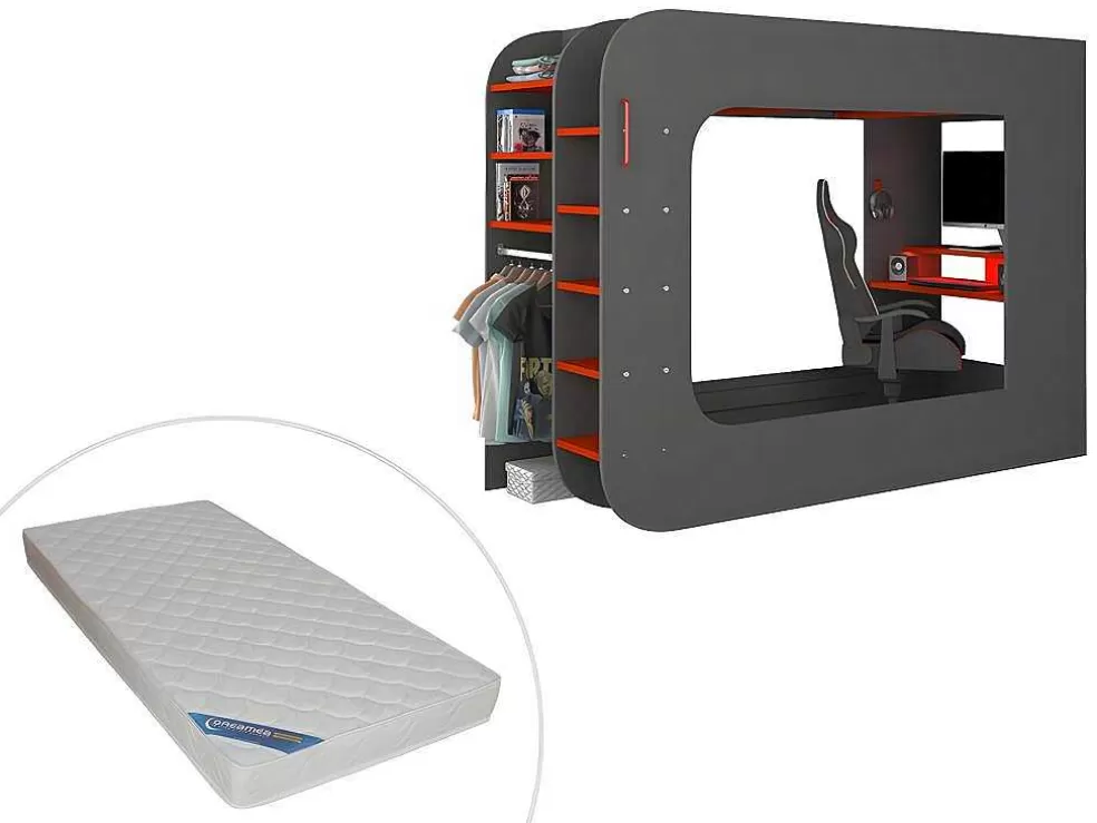 Vente-unique Cama Alta Gamer 90 X 200 Cm Com Secretária, Espacos De Arrumação E Leds Cor Antracite E Vermelho + Colchão - Warrior* Cama Alta
