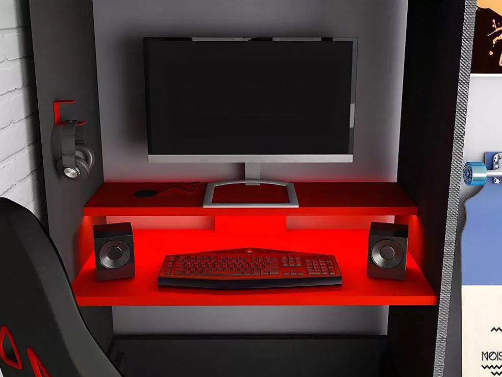 Vente-unique Cama Alta Gamer 90 X 200 Cm Com Secretária, Espacos De Arrumação E Leds Cor Antracite E Vermelho + Colchão - Warrior* Cama Alta