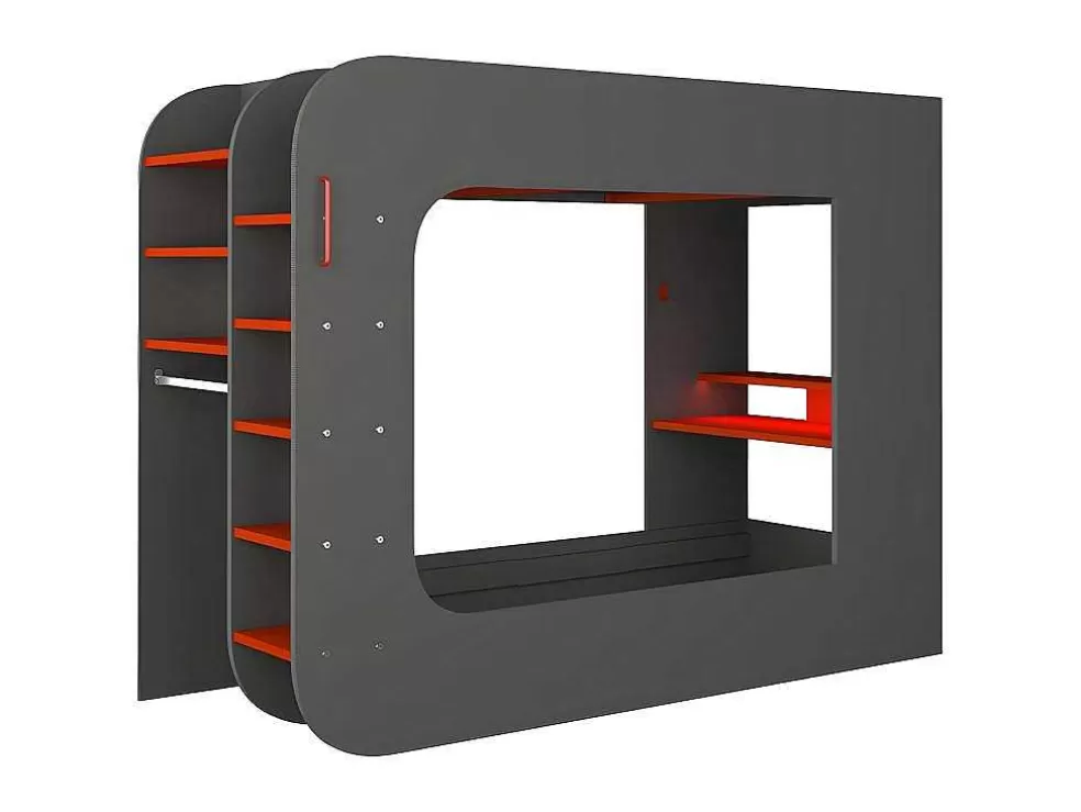 Vente-unique Cama Alta Gamer 90 X 200 Cm Com Secretária, Espacos De Arrumação E Leds Cor Antracite E Vermelho - Warrior* Cama Alta
