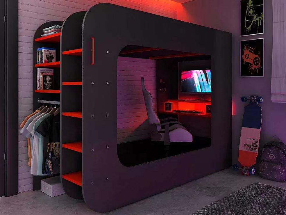 Vente-unique Cama Alta Gamer 90 X 200 Cm Com Secretária, Espacos De Arrumação E Leds Cor Antracite E Vermelho - Warrior* Cama Alta
