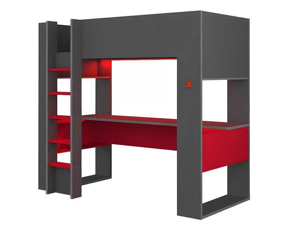 Vente-unique Cama Alta Gamer Com Secretária E Espacos De Arrumação Integrados De 90 X 200 Cm Com Leds Cor Antracite E Vermelho + Colchão - Noah* Cama Alta