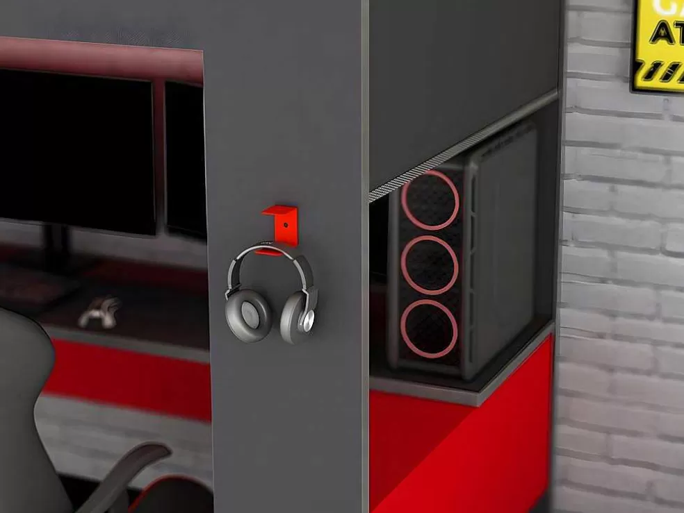 Vente-unique Cama Alta Gamer Com Secretária E Espacos De Arrumação Integrados De 90 X 200 Cm Com Leds Cor Antracite E Vermelho + Colchão - Noah* Cama Alta