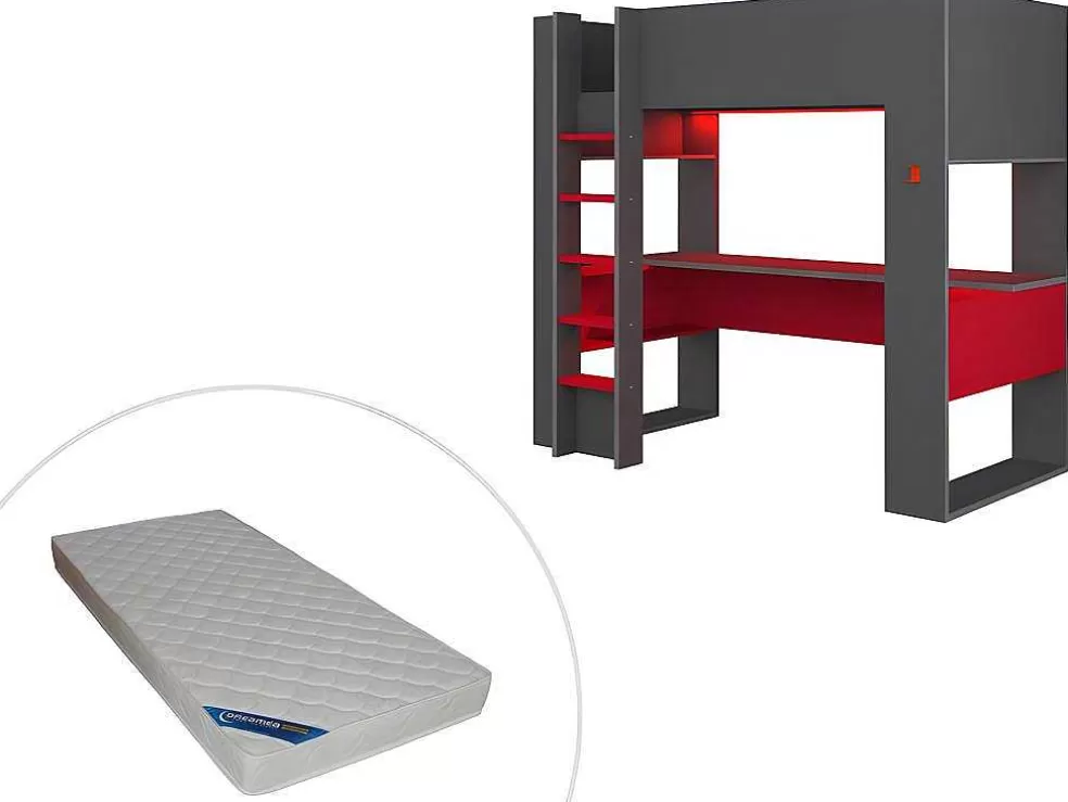 Vente-unique Cama Alta Gamer Com Secretária E Espacos De Arrumação Integrados De 90 X 200 Cm Com Leds Cor Antracite E Vermelho + Colchão - Noah* Cama Alta