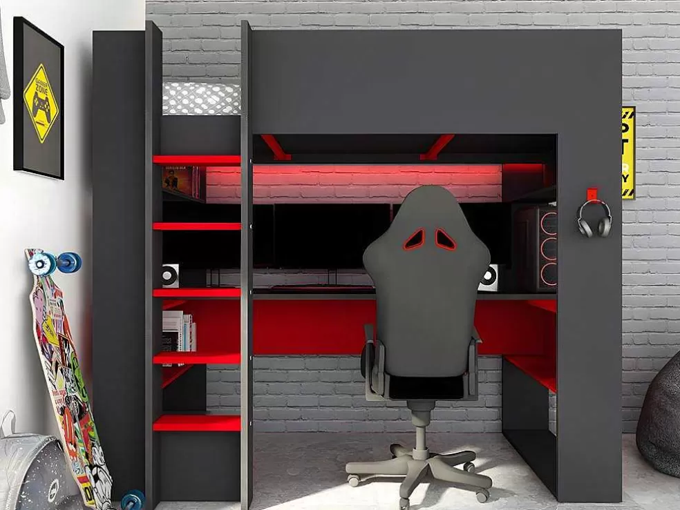 Vente-unique Cama Alta Gamer Com Secretária E Espacos De Arrumação Integrados De 90 X 200 Cm Com Leds Cor Antracite E Vermelho + Colchão - Noah* Cama Alta