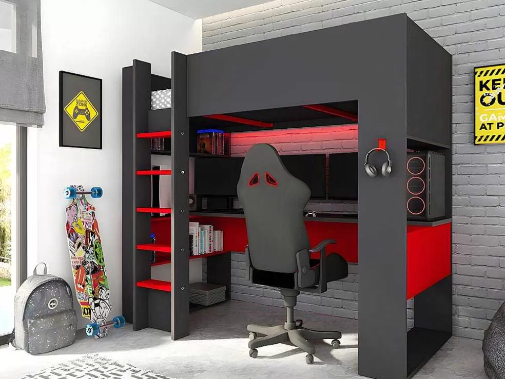 Vente-unique Cama Alta Gamer Com Secretária E Espacos De Arrumação Integrados De 90 X 200 Cm Com Leds Cor Antracite E Vermelho + Colchão - Noah* Cama Alta