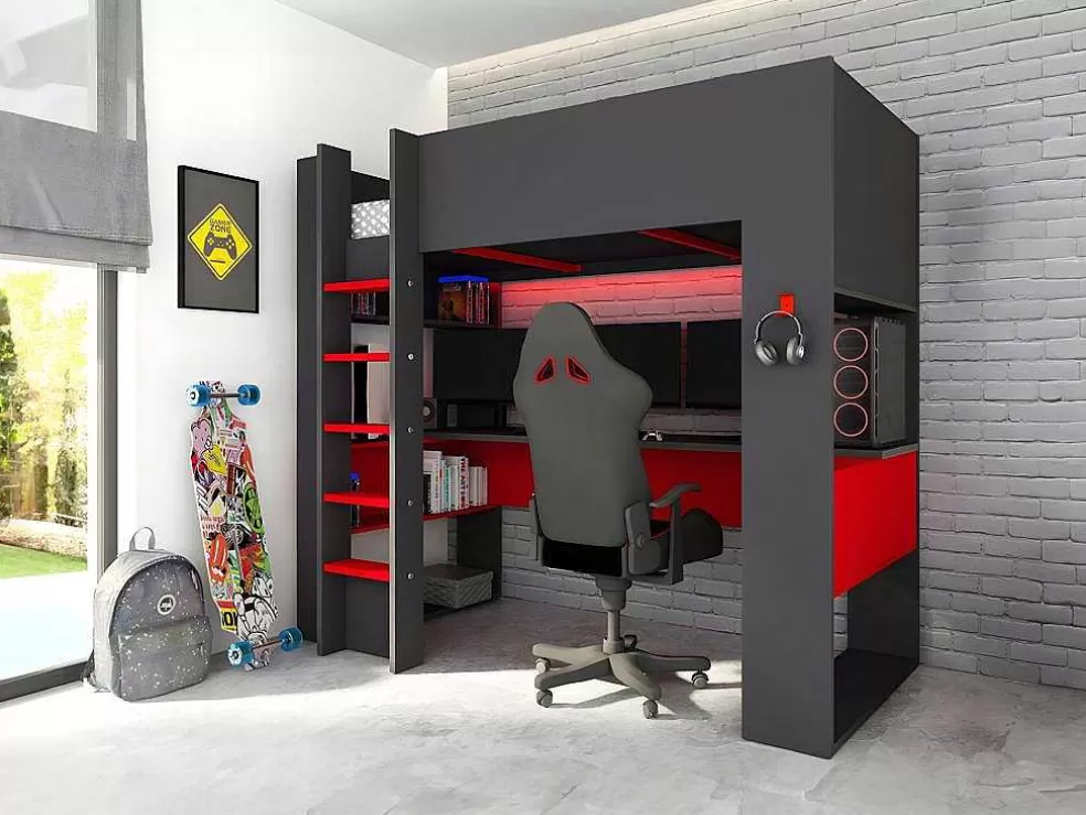 Vente-unique Cama Alta Gamer Com Secretária E Espacos De Arrumação Integrados De 90 X 200 Cm Com Leds Cor Antracite E Vermelho - Noah* Cama De Criança