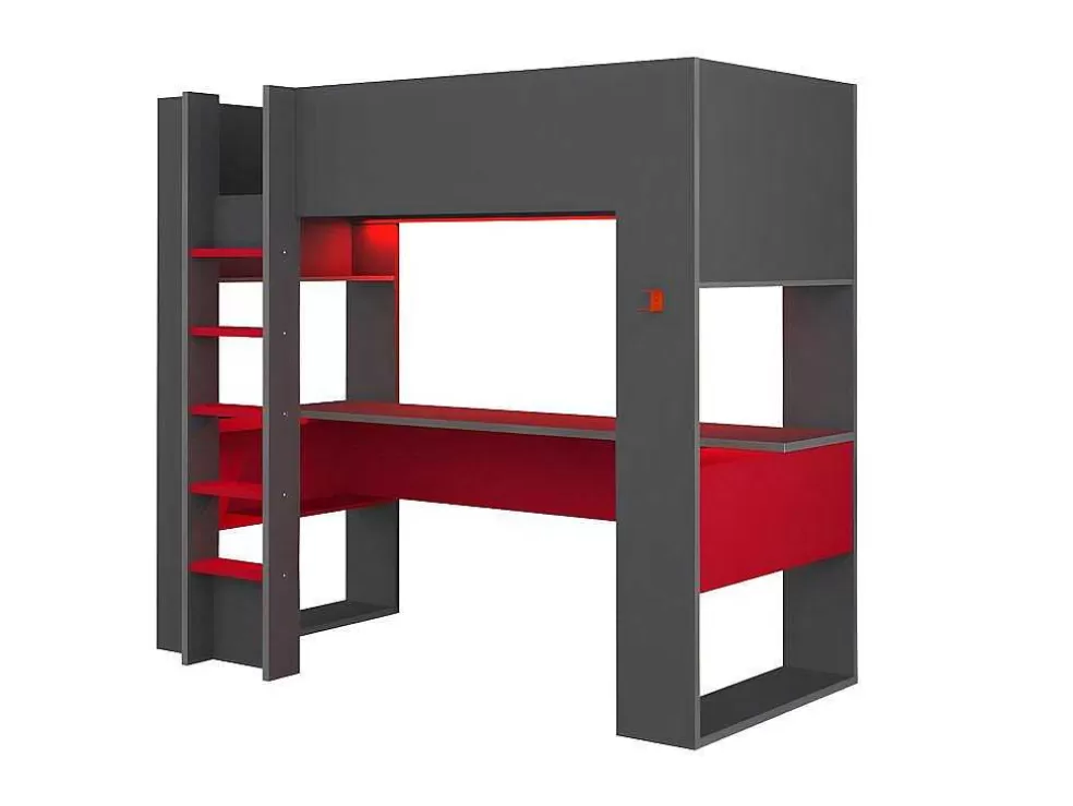 Vente-unique Cama Alta Gamer Com Secretária E Espacos De Arrumação Integrados De 90 X 200 Cm Com Leds Cor Antracite E Vermelho - Noah* Cama De Criança