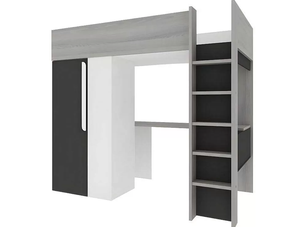 Vente-unique Cama Alta Ii 90 X 200 Cm Com Guarda-Roupa E Secretária Cor Antracite E Branco + Colchão - Nicolas* Cama Alta