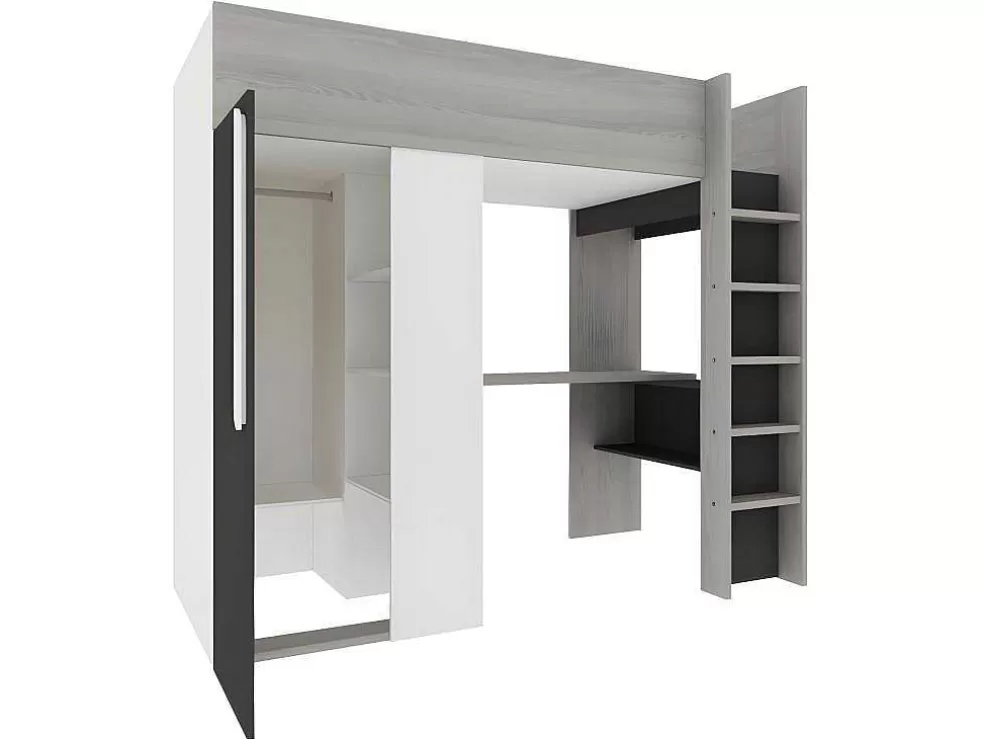 Vente-unique Cama Alta Ii 90 X 200 Cm Com Guarda-Roupa E Secretária Cor Antracite E Branco + Colchão - Nicolas* Cama Alta