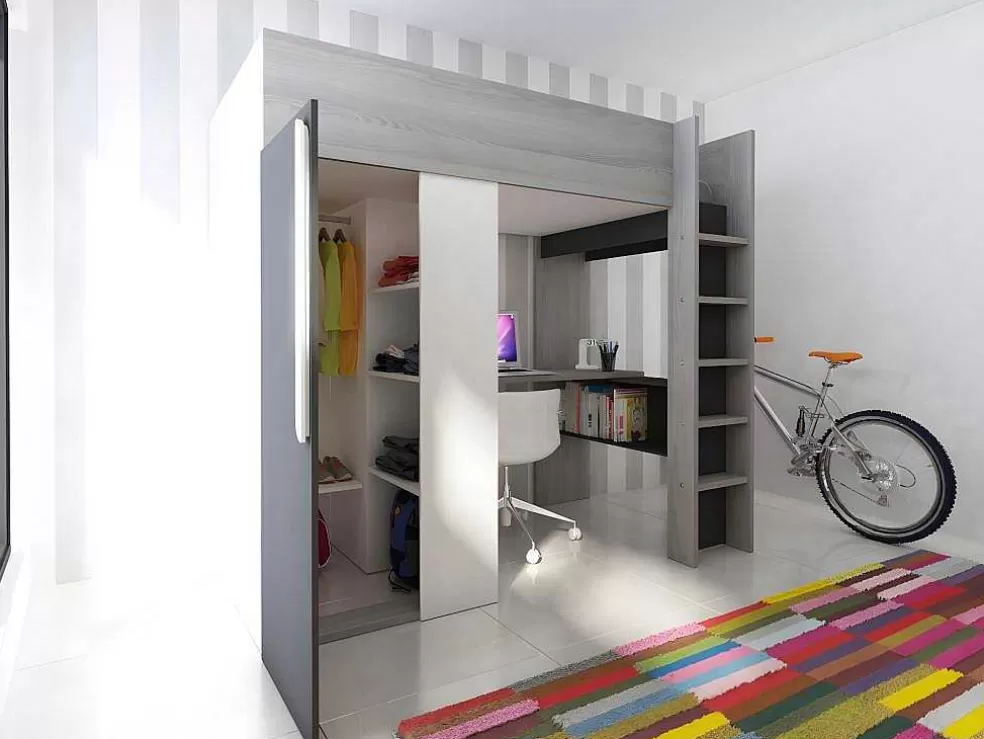 Vente-unique Cama Alta Ii 90 X 200 Cm Com Guarda-Roupa E Secretária Cor Antracite E Branco + Colchão - Nicolas* Cama Alta