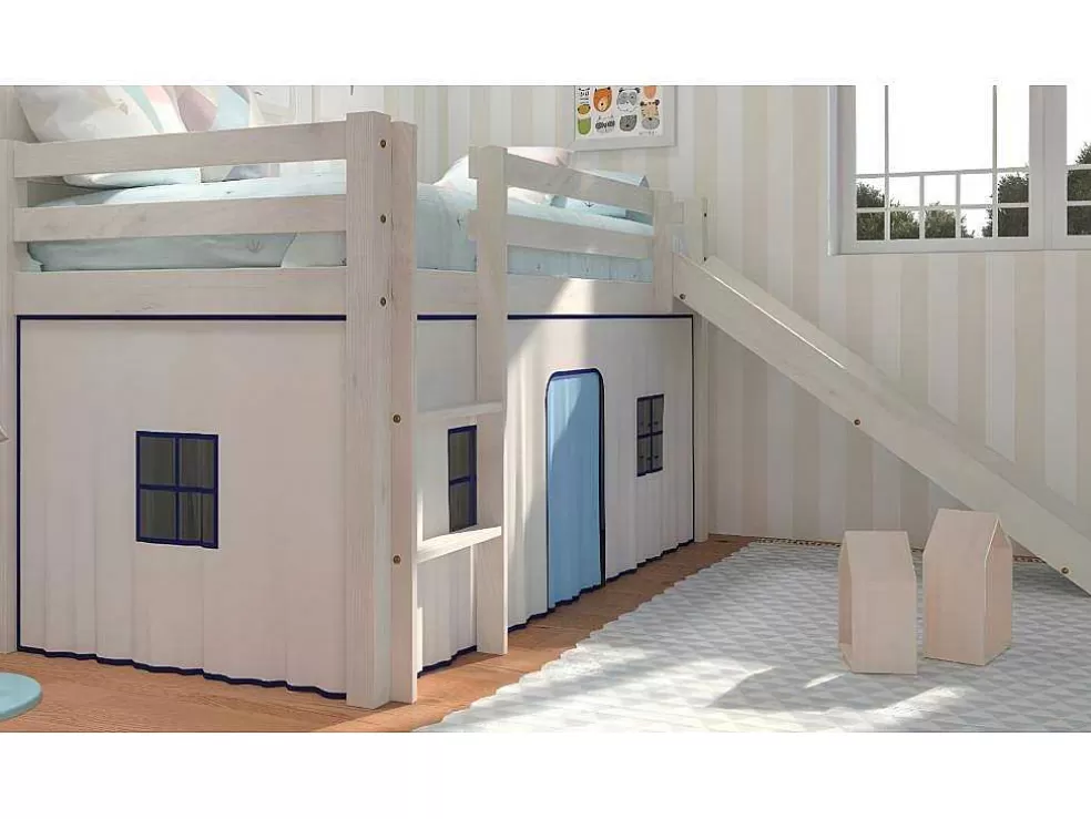 Venprodin Cama Alta Infantil Com Escorrega E Escada Em Madeira De Pinho Decape Branco* Cama De Criança