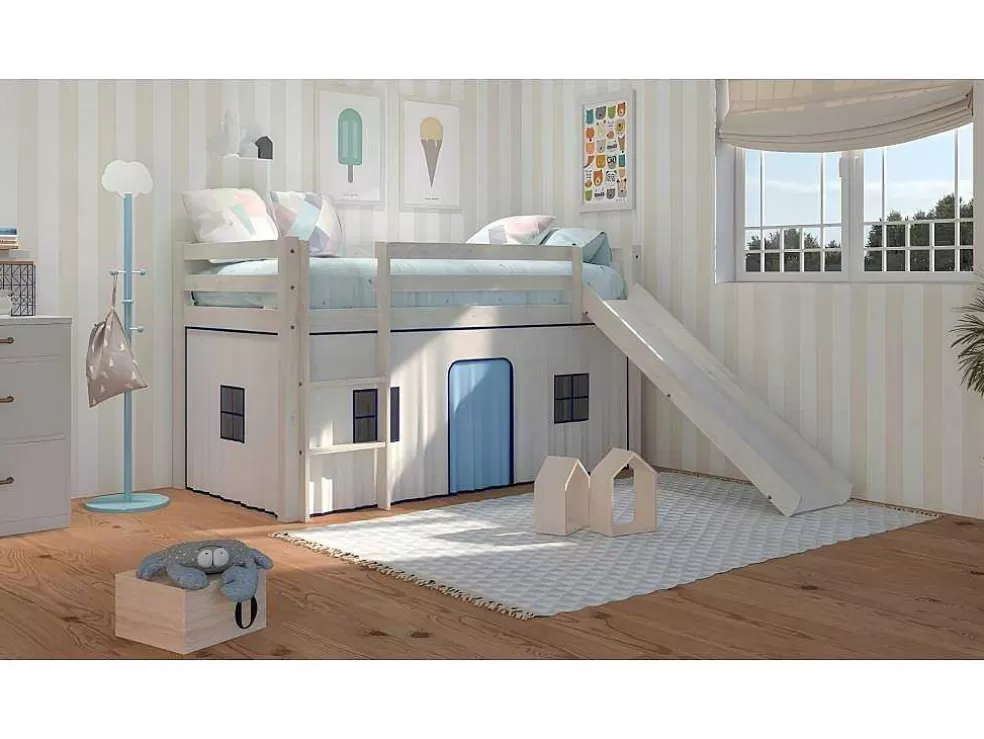 Venprodin Cama Alta Infantil Com Escorrega E Escada Em Madeira De Pinho Decape Branco* Cama De Criança