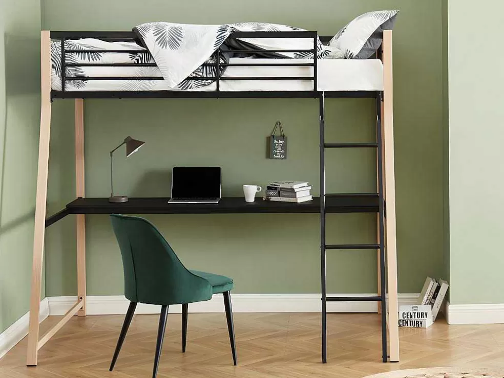 Vente-unique Cama Alta Malicia - 90 X 190 Cm - Secretária Integrada - Preto E Cor Carvalho + Colchão* Cama Alta