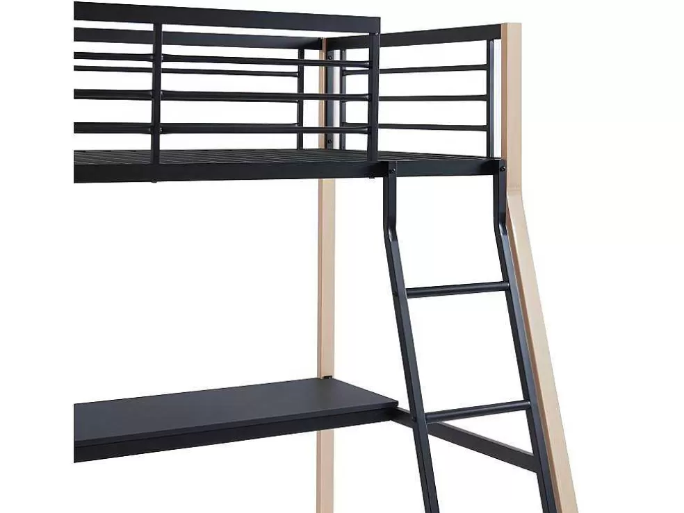 Vente-unique Cama Alta Malicia - 90 X 190 Cm - Secretária Integrada - Preto E Cor Carvalho + Colchão* Cama Alta