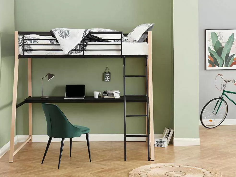 Vente-unique Cama Alta Malicia - 90 X 190 Cm - Secretária Integrada - Preto E Cor Carvalho + Colchão* Cama Alta