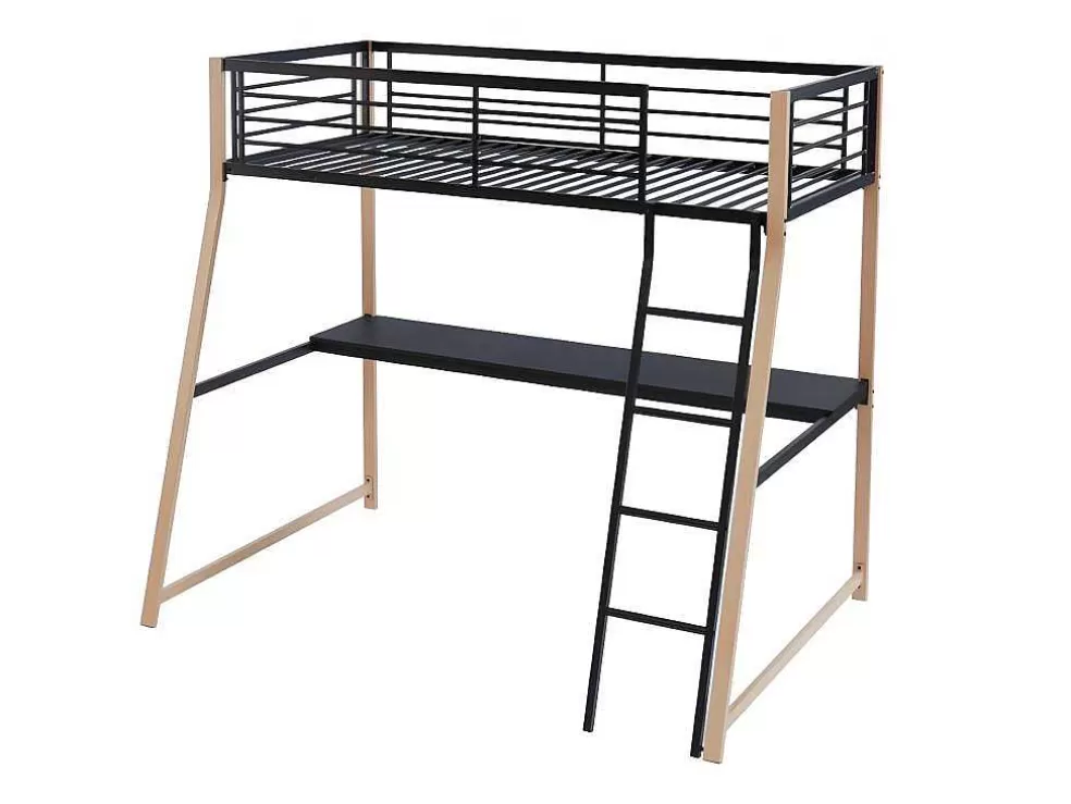 Vente-unique Cama Alta Malicia - 90 X 190 Cm - Secretária Integrada - Preto E Cor Carvalho + Colchão* Cama Alta