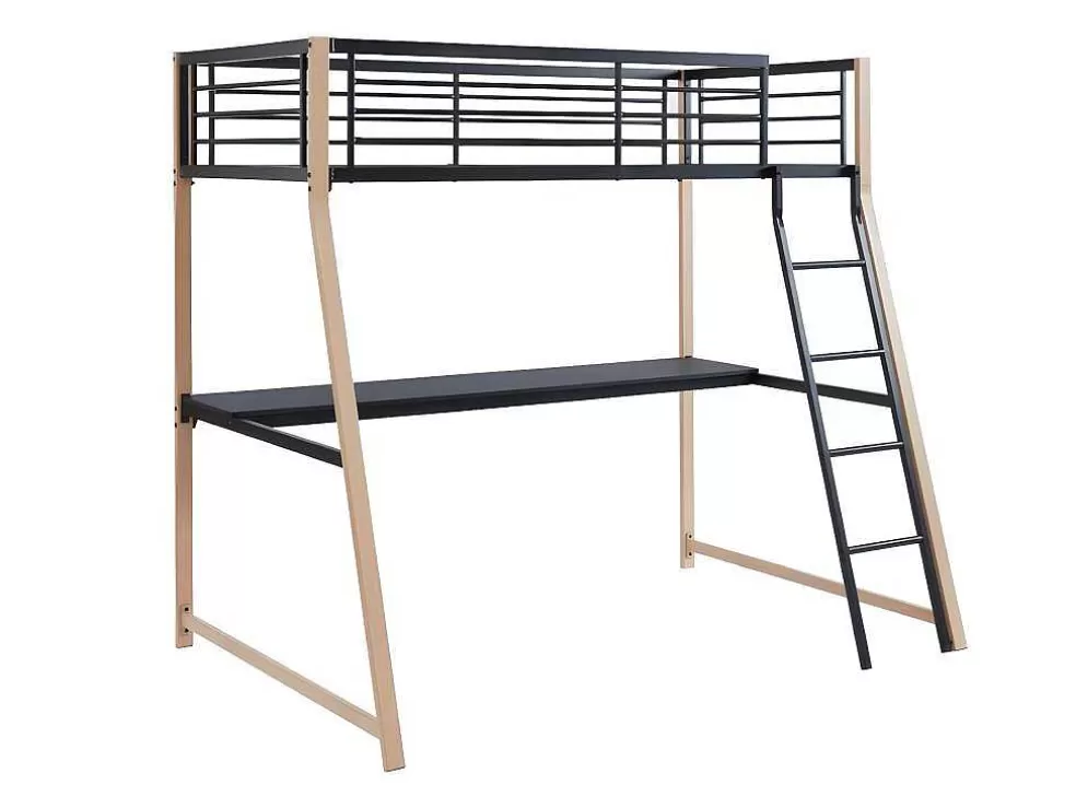 Vente-unique Cama Alta Malicia - 90 X 190 Cm - Secretária Integrada - Preto E Cor Carvalho + Colchão* Cama Alta