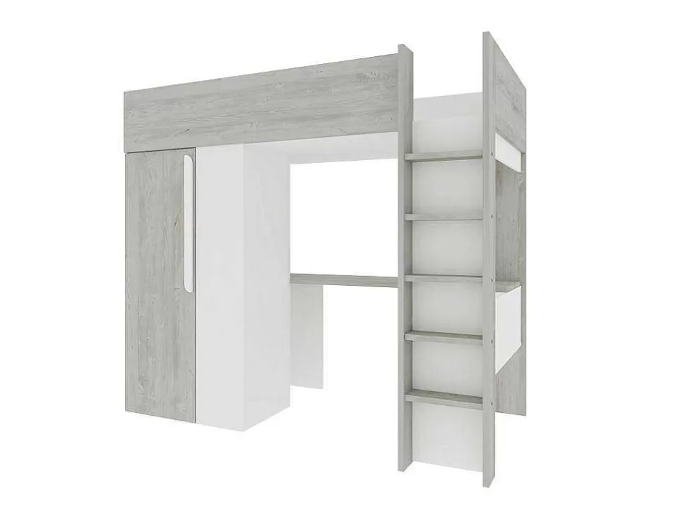 Vente-unique Cama Alta 90X200 Cm Com Roupeiro E Secretária Cinza Natural E Branco + Colchão - Nicolas* Cama Alta
