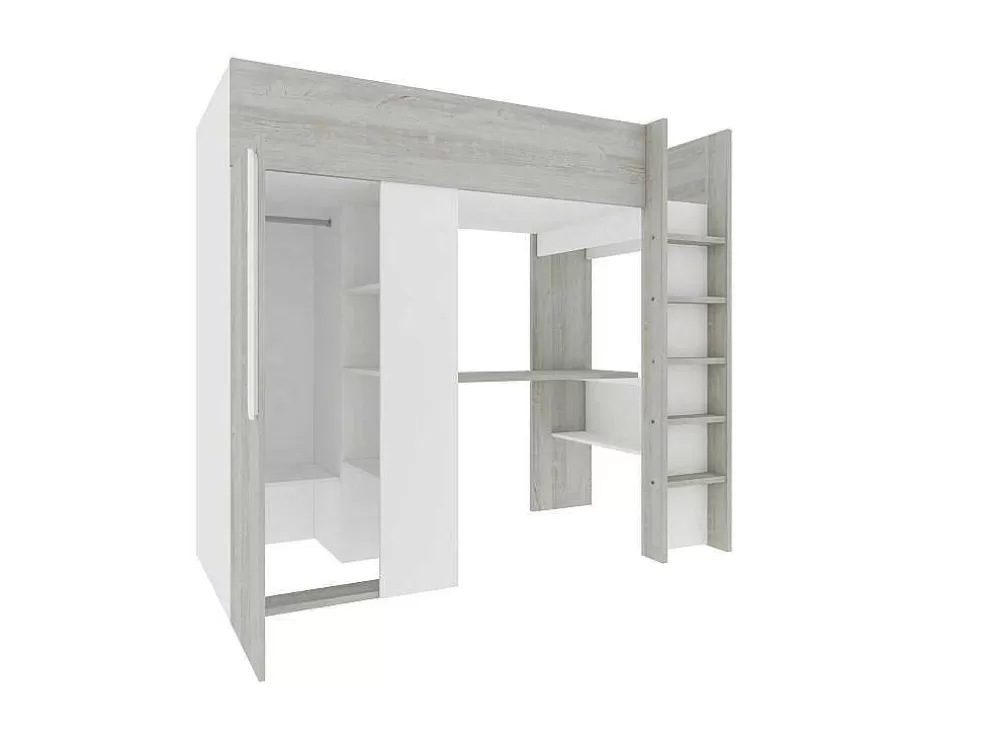 Vente-unique Cama Alta 90X200 Cm Com Roupeiro E Secretária Cinza Natural E Branco + Colchão - Nicolas* Cama Alta