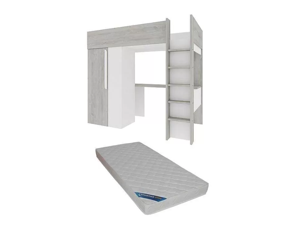 Vente-unique Cama Alta 90X200 Cm Com Roupeiro E Secretária Cinza Natural E Branco + Colchão - Nicolas* Cama Alta