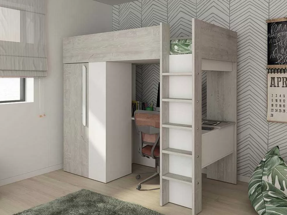 Vente-unique Cama Alta 90X200 Cm Com Roupeiro E Secretária Cinza Natural E Branco + Colchão - Nicolas* Cama Alta