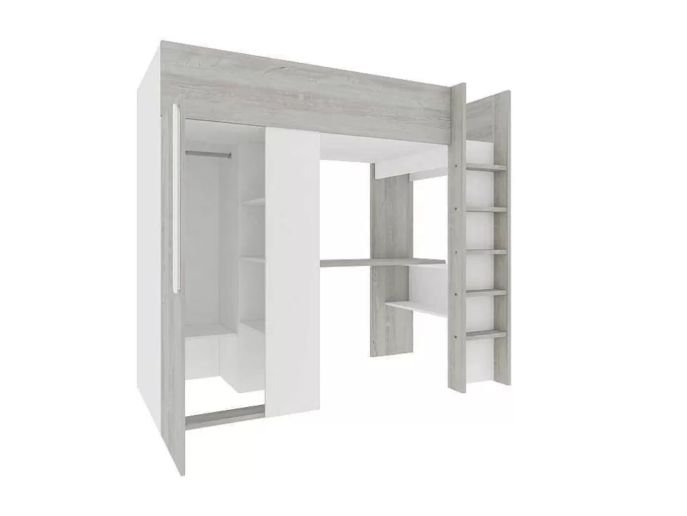 Vente-unique Cama Alta 90X200 Cm Com Roupeiro E Secretária, Cinza Natural E Branco - Nicolas* Cama Alta