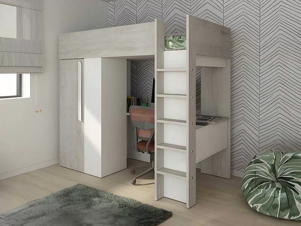 Vente-unique Cama Alta 90X200 Cm Com Roupeiro E Secretária, Cinza Natural E Branco - Nicolas* Cama Alta