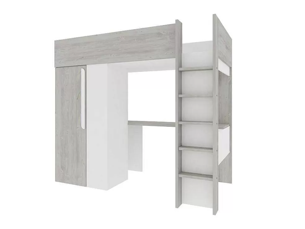 Vente-unique Cama Alta 90X200 Cm Com Roupeiro E Secretária, Cinza Natural E Branco - Nicolas* Cama Alta