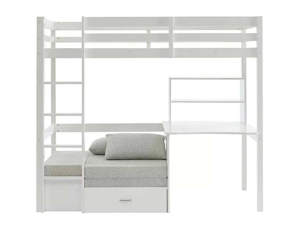 Vente-unique Cama Alta 90X200 Cm Com Secretária, Sofá Convertivel E Espacos De Arrumação Pinho Macico Esbranquicado + Colchão - Goliath Iii* Cama Alta