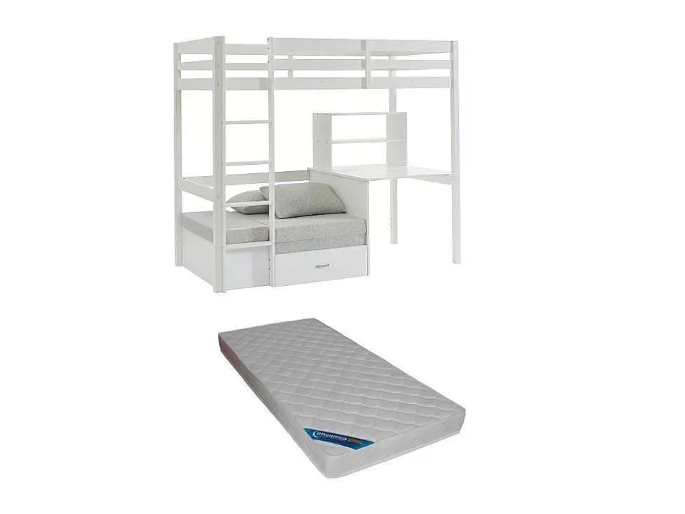 Vente-unique Cama Alta 90X200 Cm Com Secretária, Sofá Convertivel E Espacos De Arrumação Pinho Macico Esbranquicado + Colchão - Goliath Iii* Cama Alta