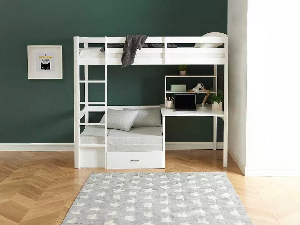 Vente-unique Cama Alta 90X200 Cm Com Secretária, Sofá Convertivel E Espacos De Arrumação Pinho Macico Esbranquicado + Colchão - Goliath Iii* Cama Alta