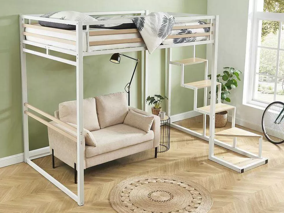 Vente-unique Cama Alta 140X200 Cm Metal E Mdf Branco + Colchão - Jogui* Cama Alta