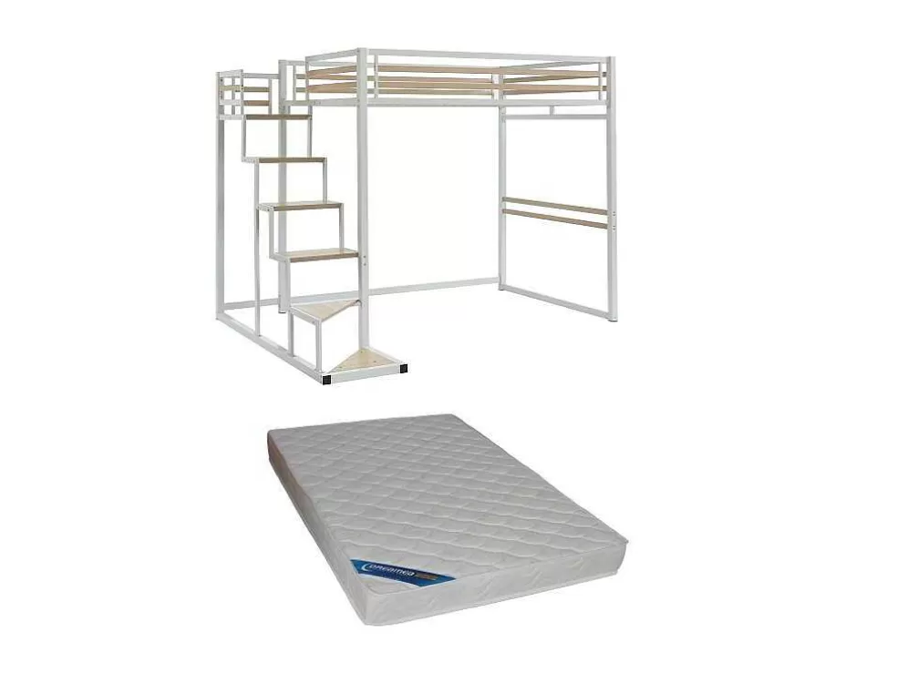 Vente-unique Cama Alta 140X200 Cm Metal E Mdf Branco + Colchão - Jogui* Cama Alta