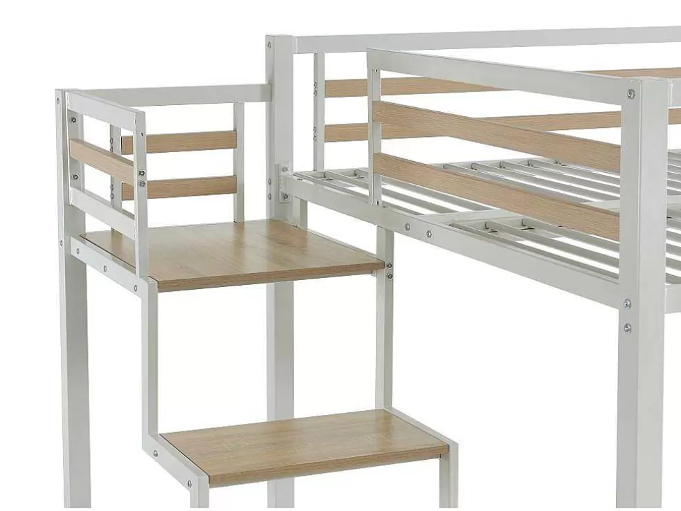 Vente-unique Cama Alta 140X200 Cm Metal E Mdf Branco + Colchão - Jogui* Cama Alta