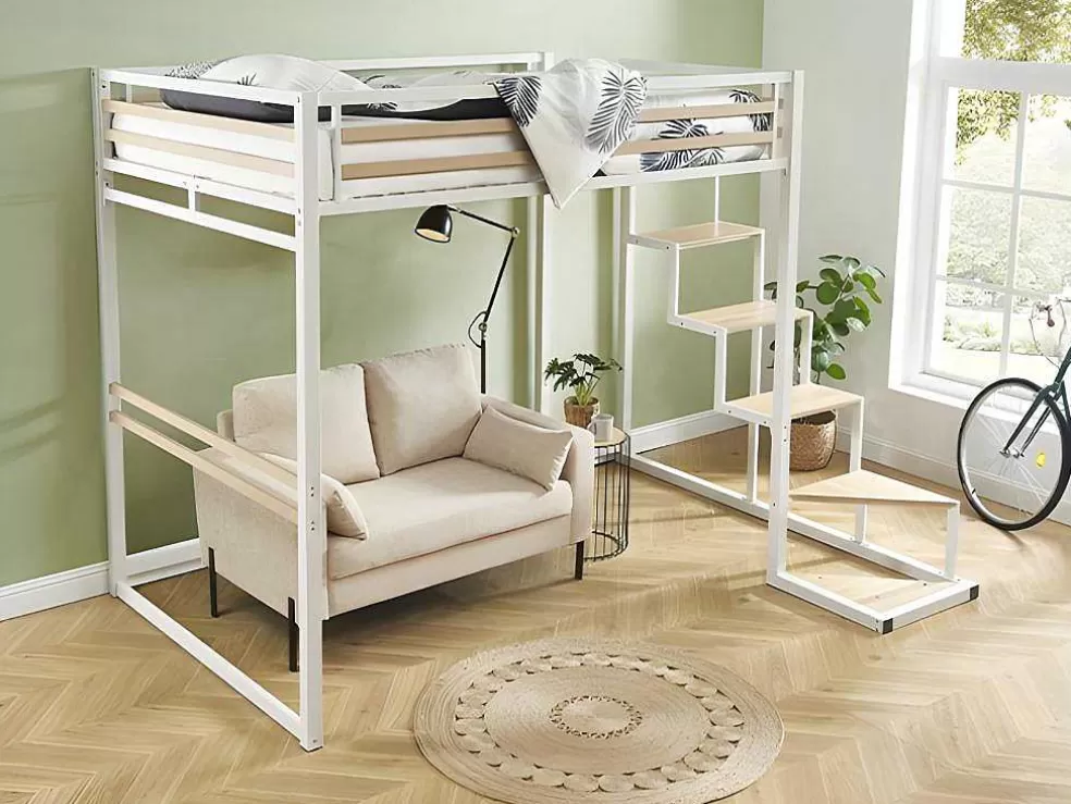 Vente-unique Cama Alta 140X200 Cm Metal E Mdf Branco + Colchão - Jogui* Cama Alta