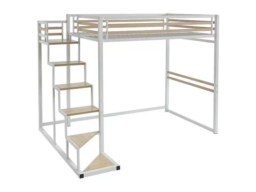 Vente-unique Cama Alta 140X200 Cm Metal E Mdf Branco - Jogui* Cama De Criança